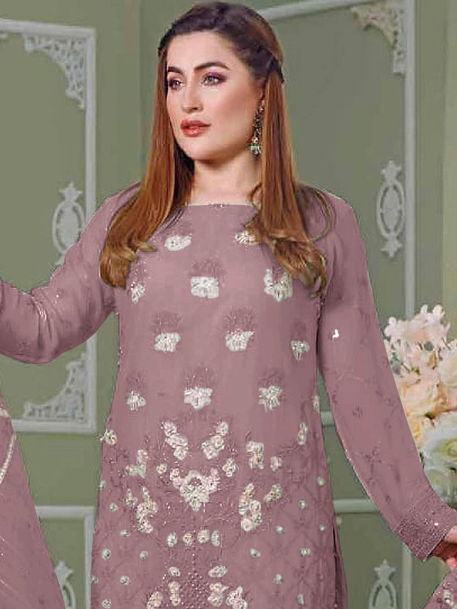 Mauve Faux Georgette Embroidered Festival Wedding Pant Salwar Kameez