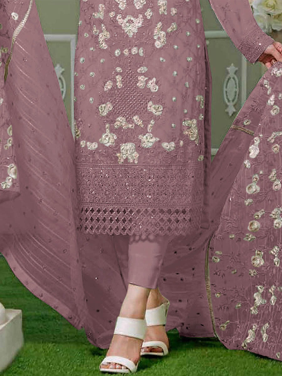 Mauve Faux Georgette Embroidered Festival Wedding Pant Salwar Kameez