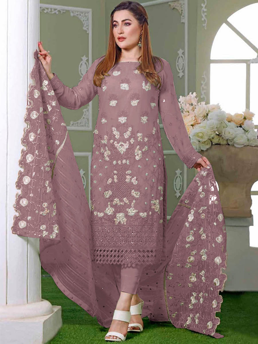 Mauve Faux Georgette Embroidered Festival Wedding Pant Salwar Kameez