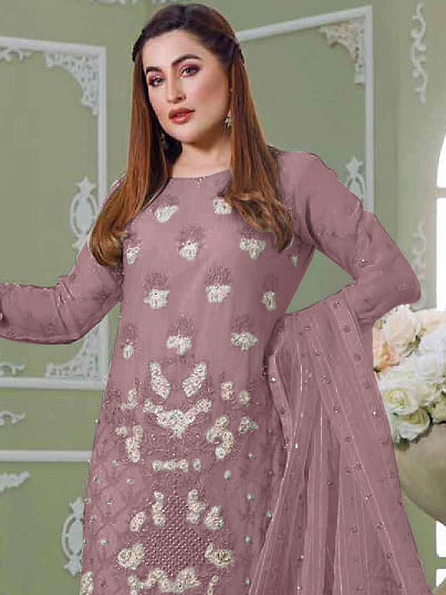 Mauve Faux Georgette Embroidered Festival Wedding Pant Salwar Kameez