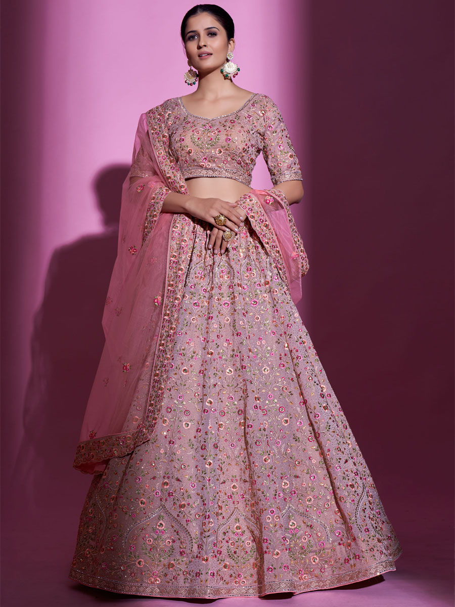 Mauve Georgette Embroidered Bridal Wedding Heavy Border Lehenga Choli