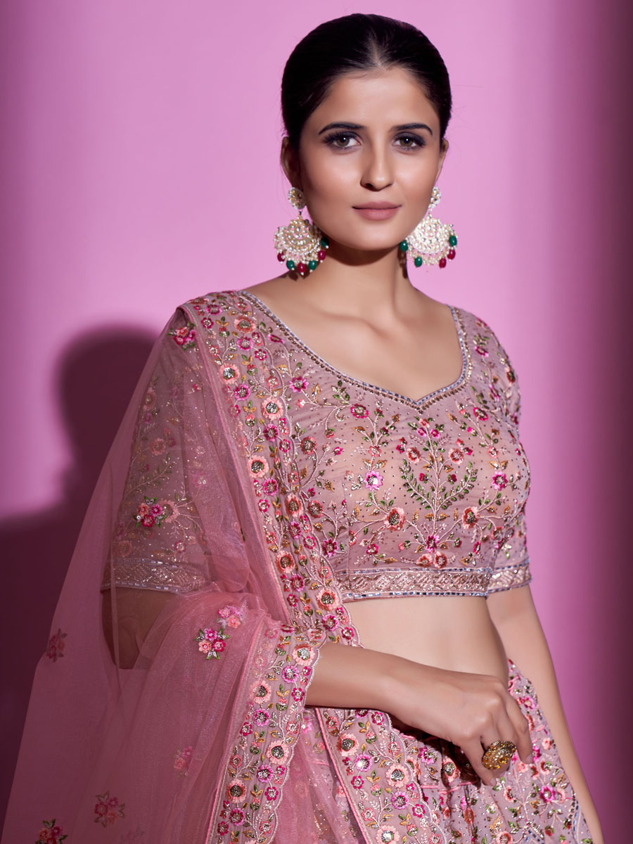 Mauve Georgette Embroidered Bridal Wedding Heavy Border Lehenga Choli