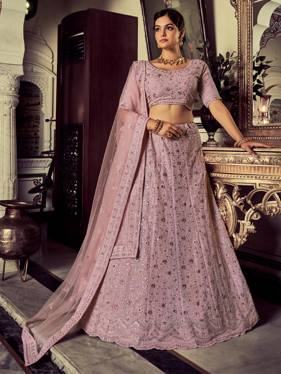 Mauve Georgette Embroidered Engagement Wedding Heavy Border Lehenga Choli