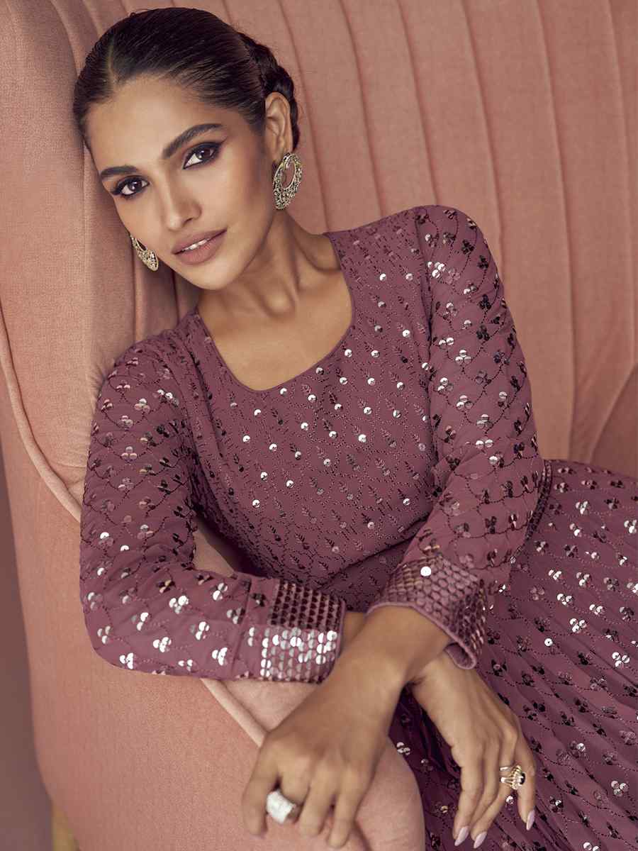 Mauve Georgette Embroidered Festival Wedding Anarkali Salwar Kameez