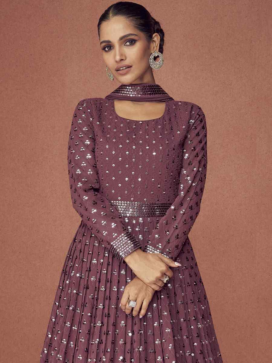Mauve Georgette Embroidered Festival Wedding Anarkali Salwar Kameez