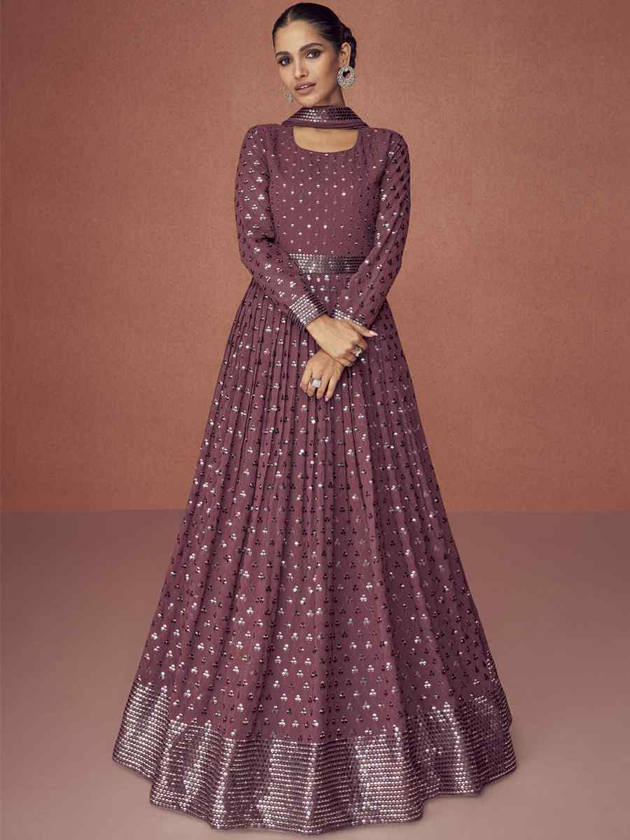 Mauve Georgette Embroidered Festival Wedding Anarkali Salwar Kameez