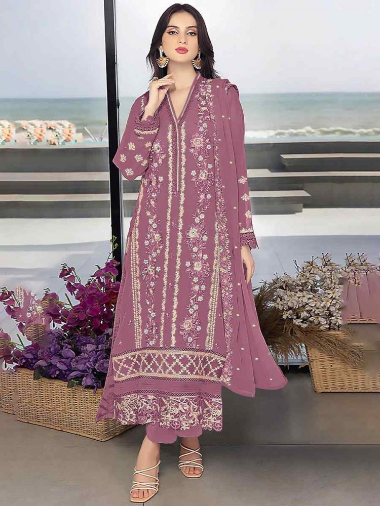 Mauve Georgette Embroidered Festival Wedding Pant Salwar Kameez