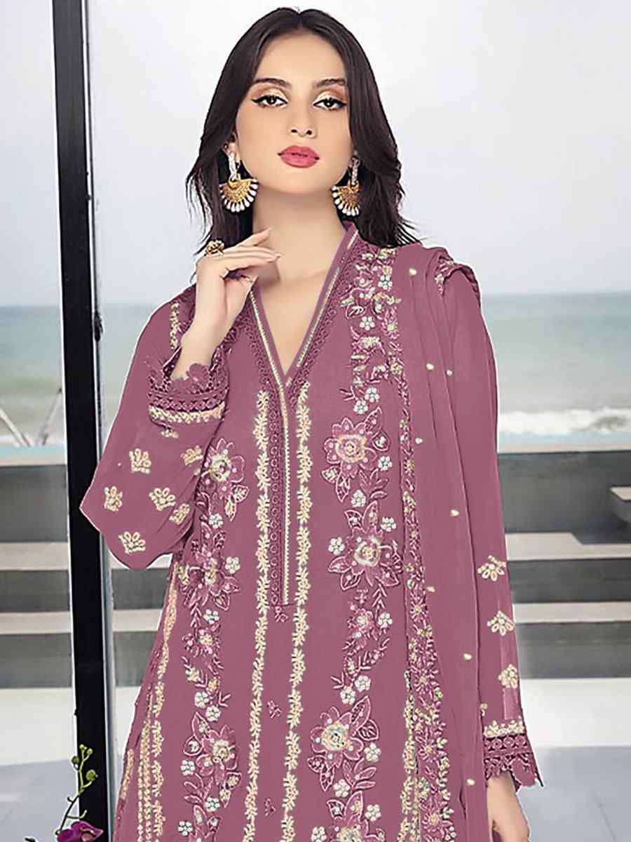 Mauve Georgette Embroidered Festival Wedding Pant Salwar Kameez