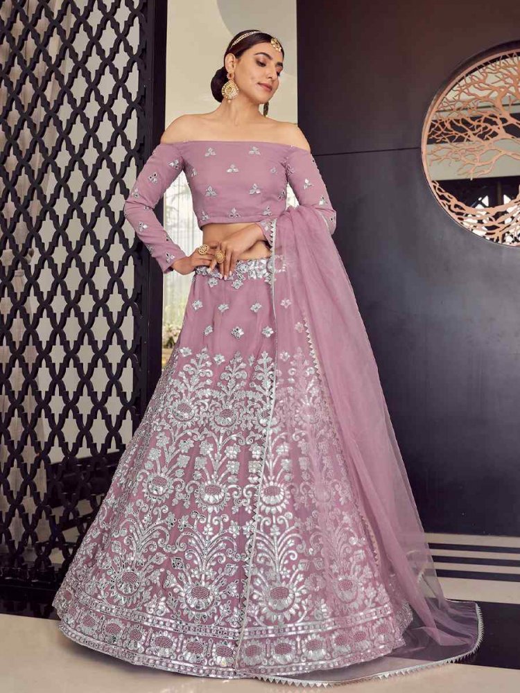 Mauve Georgette Zari Sequins Bridesmaid Reception Heavy Border Lehenga Choli