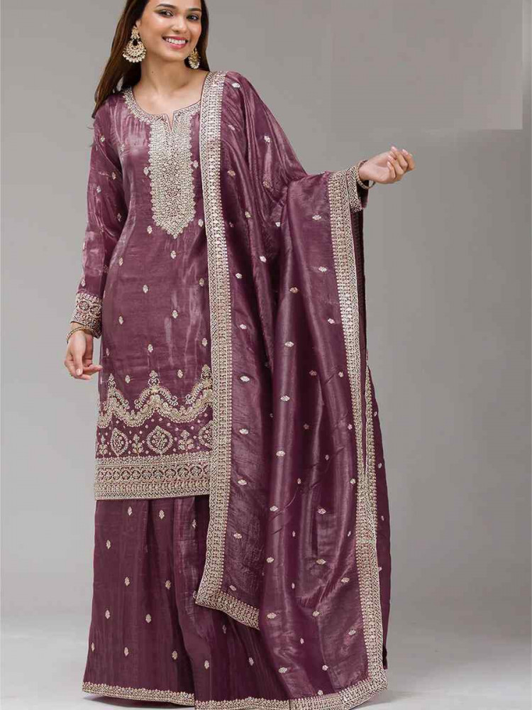Image of Mauve Gold Crush Embroidery Party Wedding Festival Casual Palazzo Pant Salwar Kameez