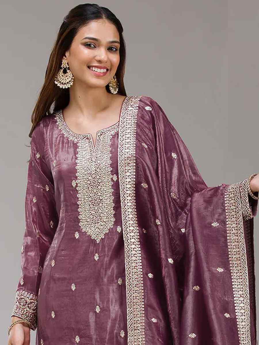 Mauve Gold Crush Embroidery Party Wedding Festival Casual Palazzo Pant Salwar Kameez