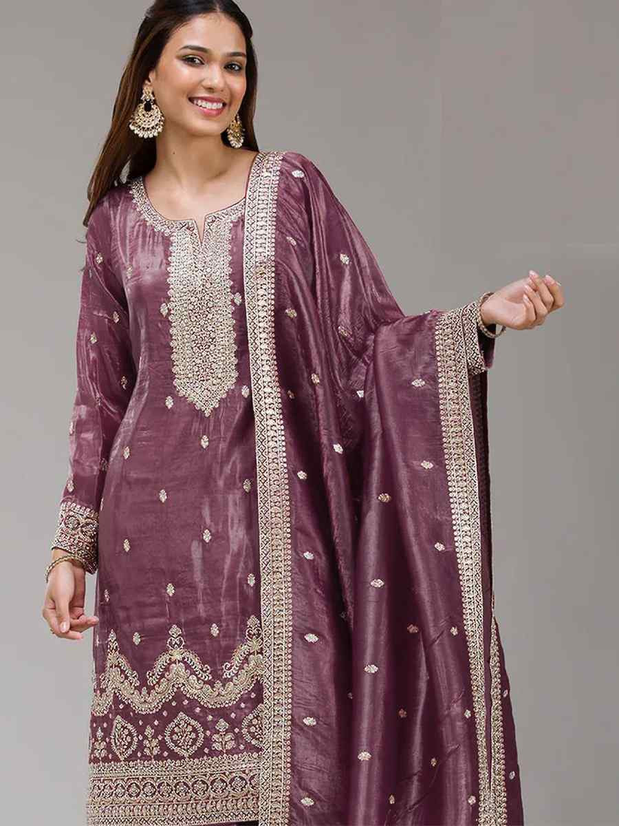 Mauve Gold Crush Embroidery Party Wedding Festival Casual Palazzo Pant Salwar Kameez