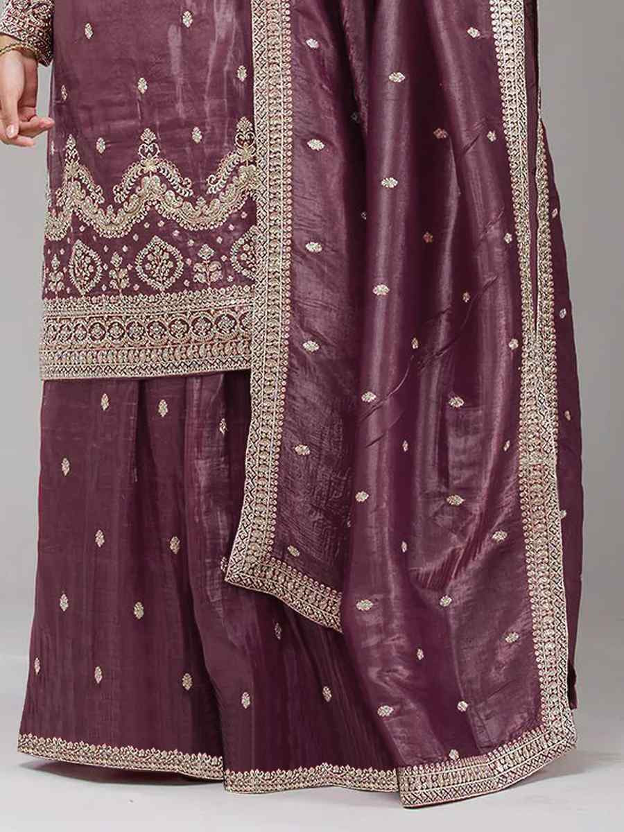 Mauve Gold Crush Embroidery Party Wedding Festival Casual Palazzo Pant Salwar Kameez