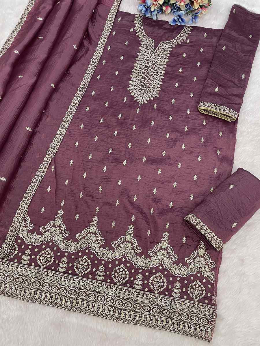 Mauve Gold Crush Embroidery Party Wedding Festival Casual Palazzo Pant Salwar Kameez