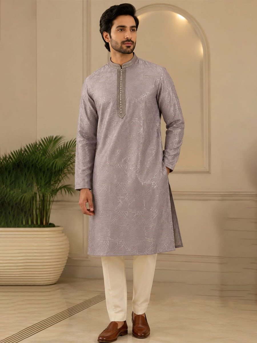 Mauve Grey Art Silk Embroidery Wedding Party Festival Casual Mens Wear Kurta