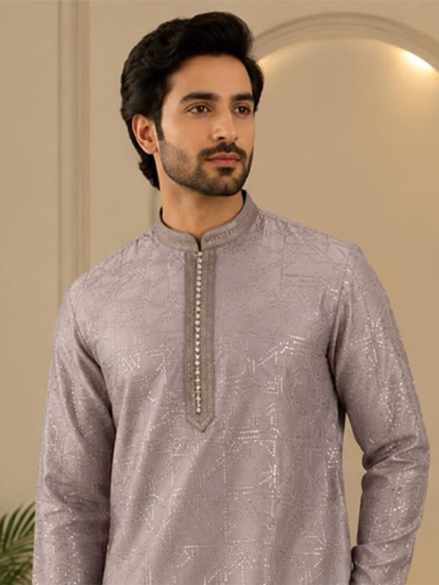 Mauve Grey Art Silk Embroidery Wedding Party Festival Casual Mens Wear Kurta