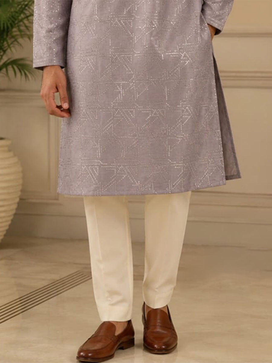 Mauve Grey Art Silk Embroidery Wedding Party Festival Casual Mens Wear Kurta