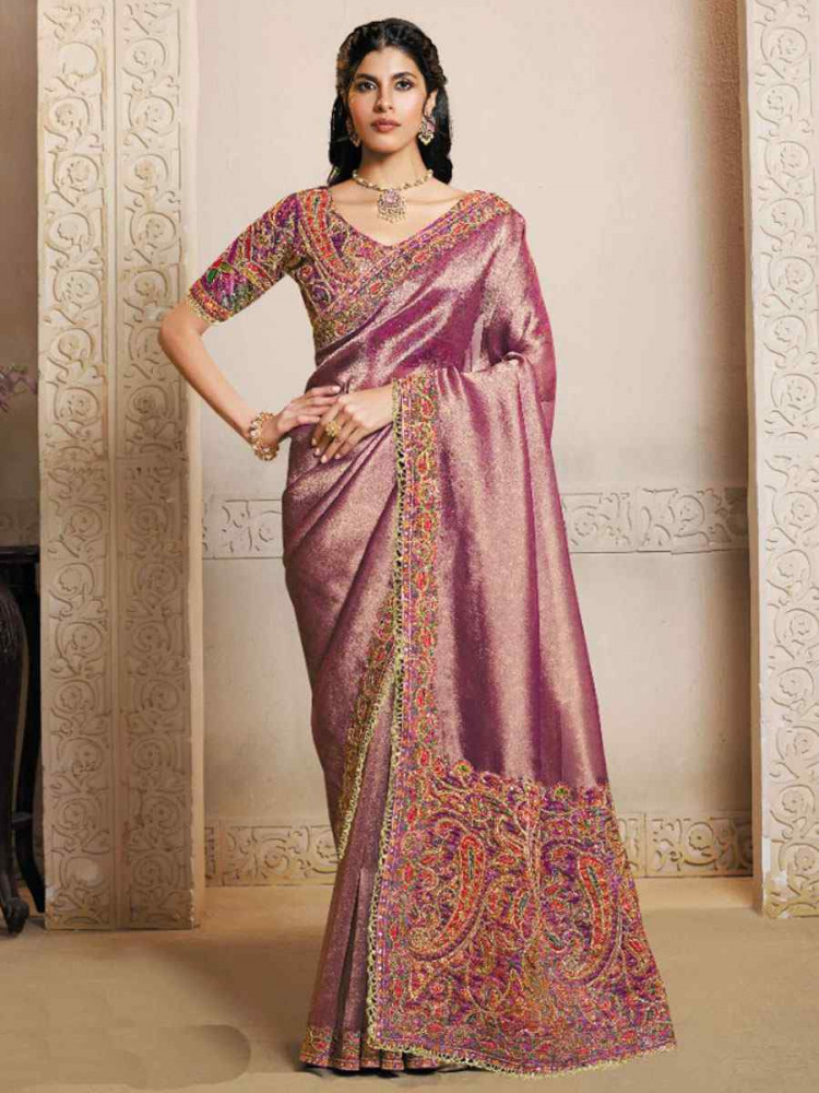 Image of Mauve Kanjivaram Self Jacquard Silk Embroidery Festival Wedding Fancy Heavy Border Saree