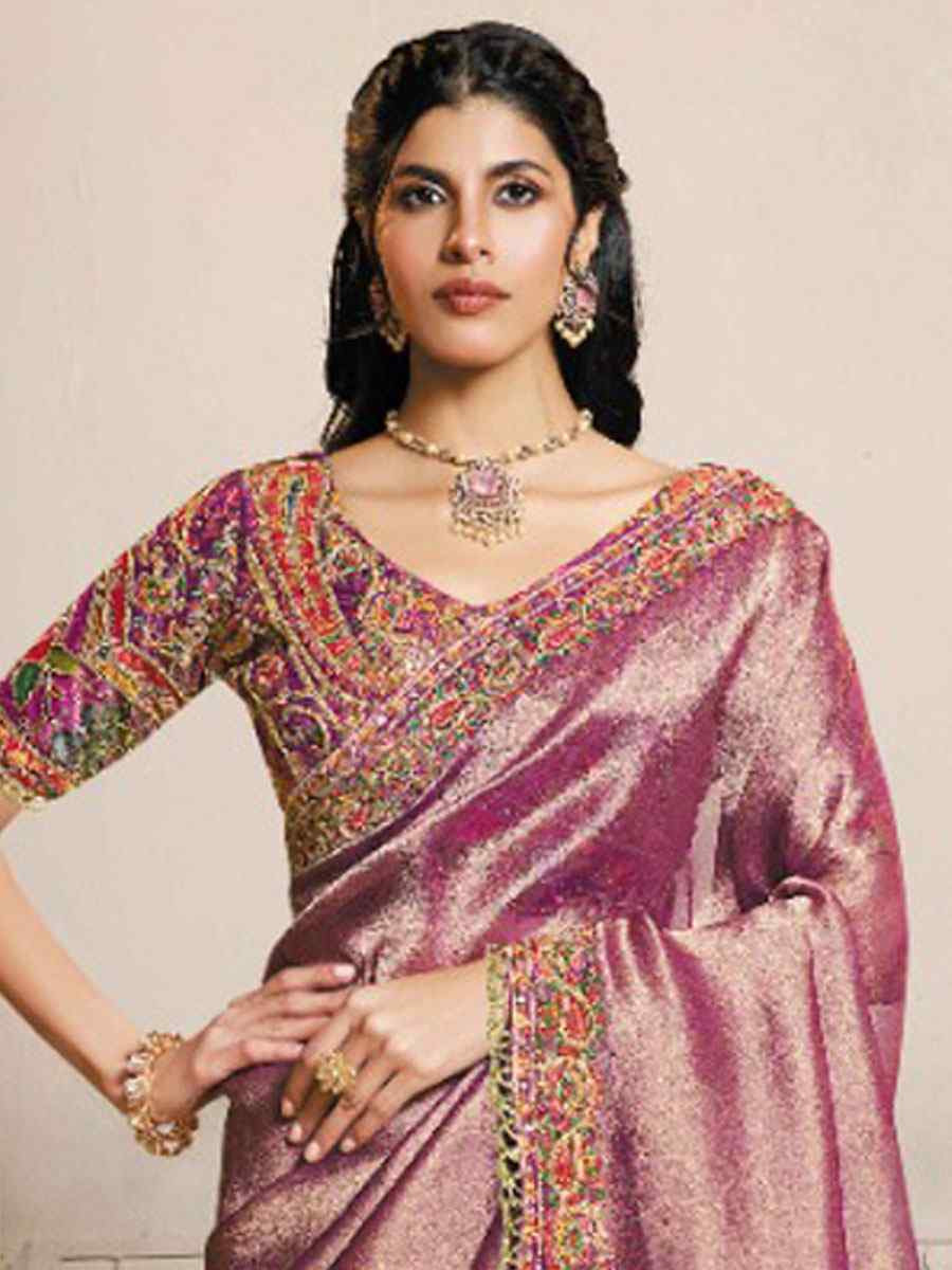 Mauve Kanjivaram Self Jacquard Silk Embroidery Festival Wedding Fancy Heavy Border Saree