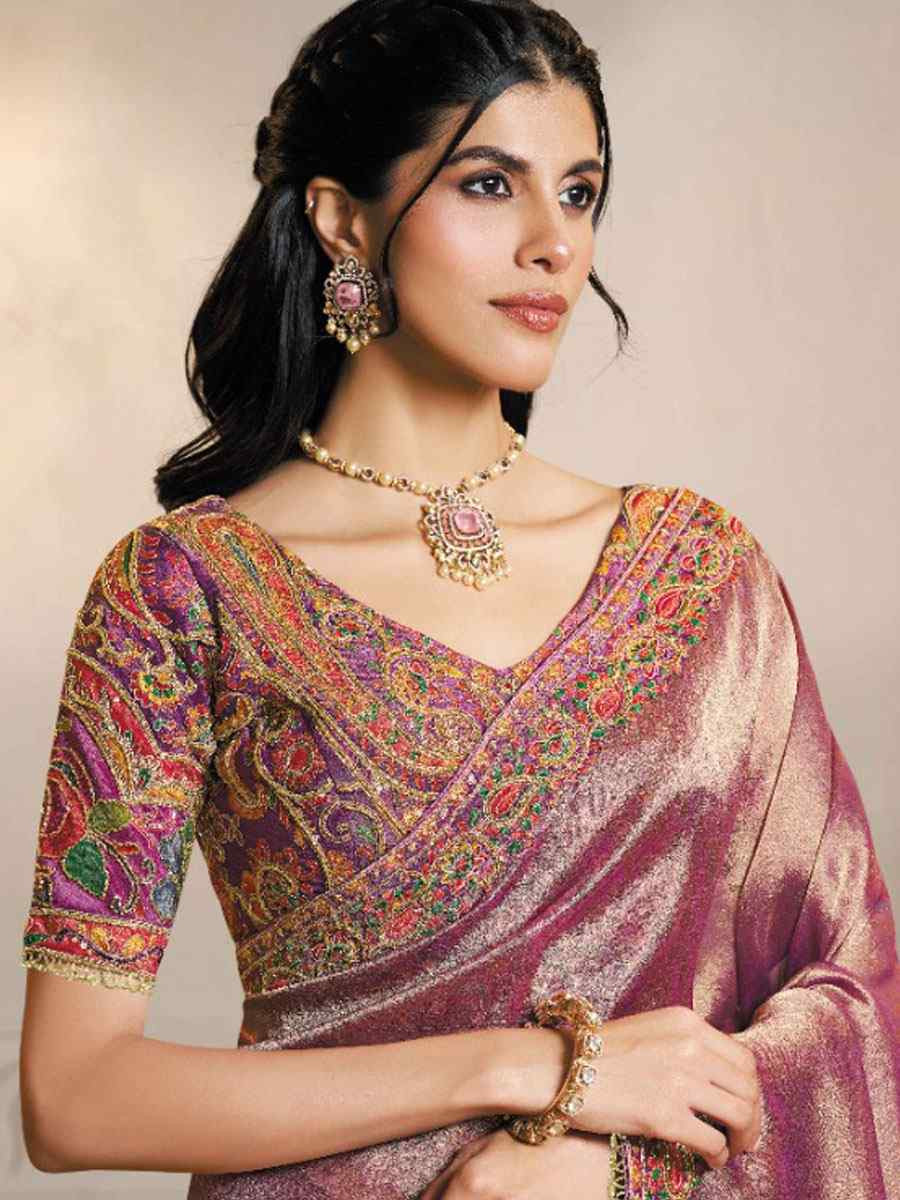Mauve Kanjivaram Self Jacquard Silk Embroidery Festival Wedding Fancy Heavy Border Saree