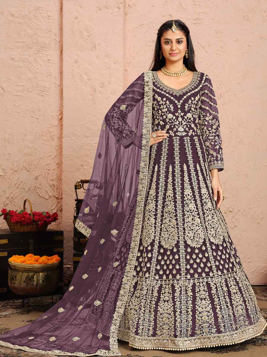 Mauve Net Embroidered Bridesmaid Wedding Anarkali Salwar Kameez