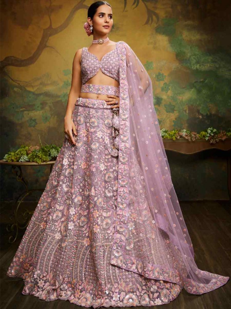 Mauve Net Embroidered Festival Wedding Circular Lehenga Choli