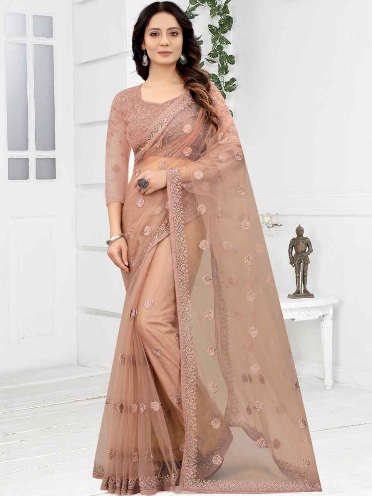 Mauve Net Embroidered Party Reception Contemporary Saree
