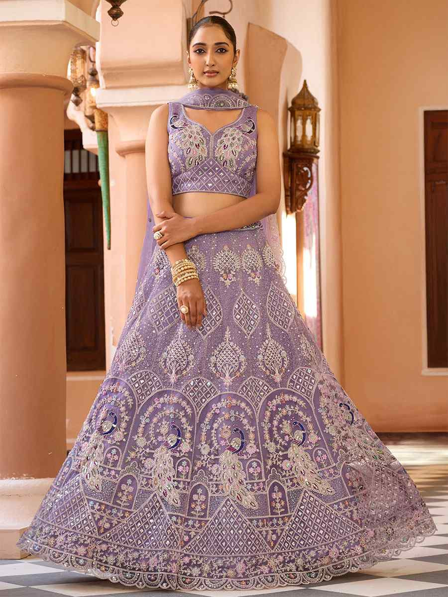 Mauve Net Embroidered Wedding Reception Festival Heavy Border Lehenga Choli