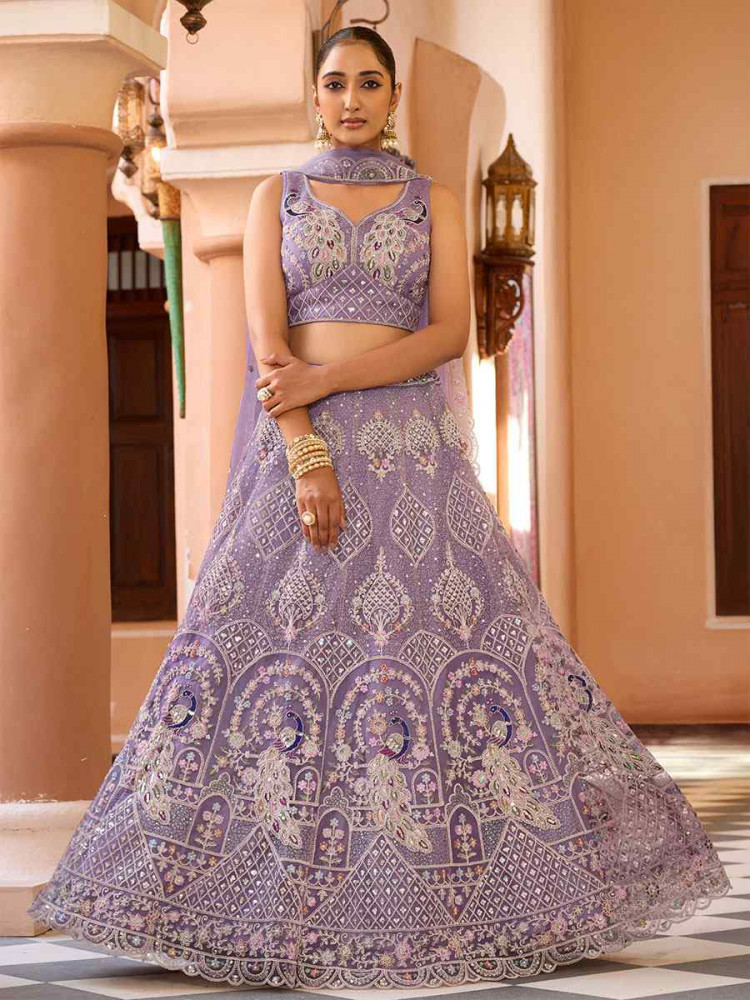 Image of Mauve Net Embroidered Wedding Reception Festival Heavy Border Lehenga Choli