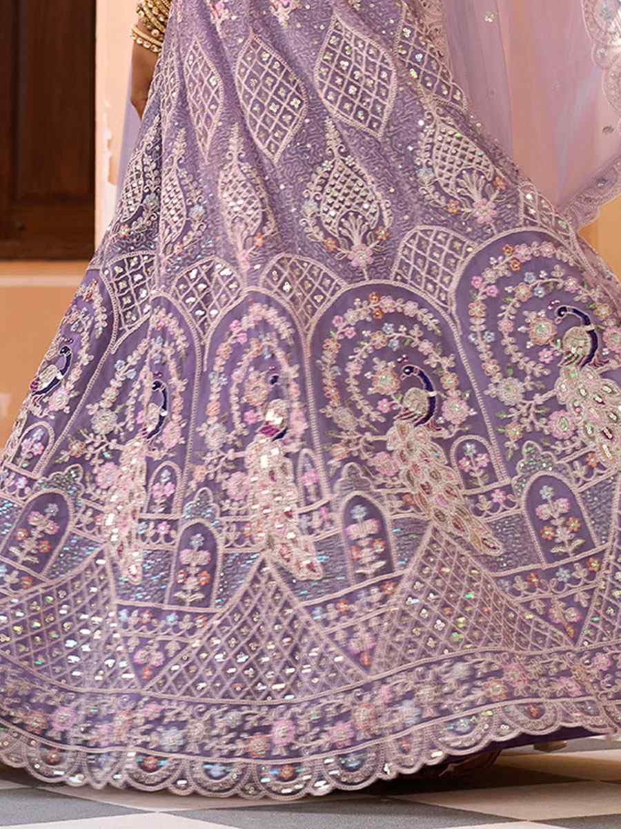 Mauve Net Embroidered Wedding Reception Festival Heavy Border Lehenga Choli