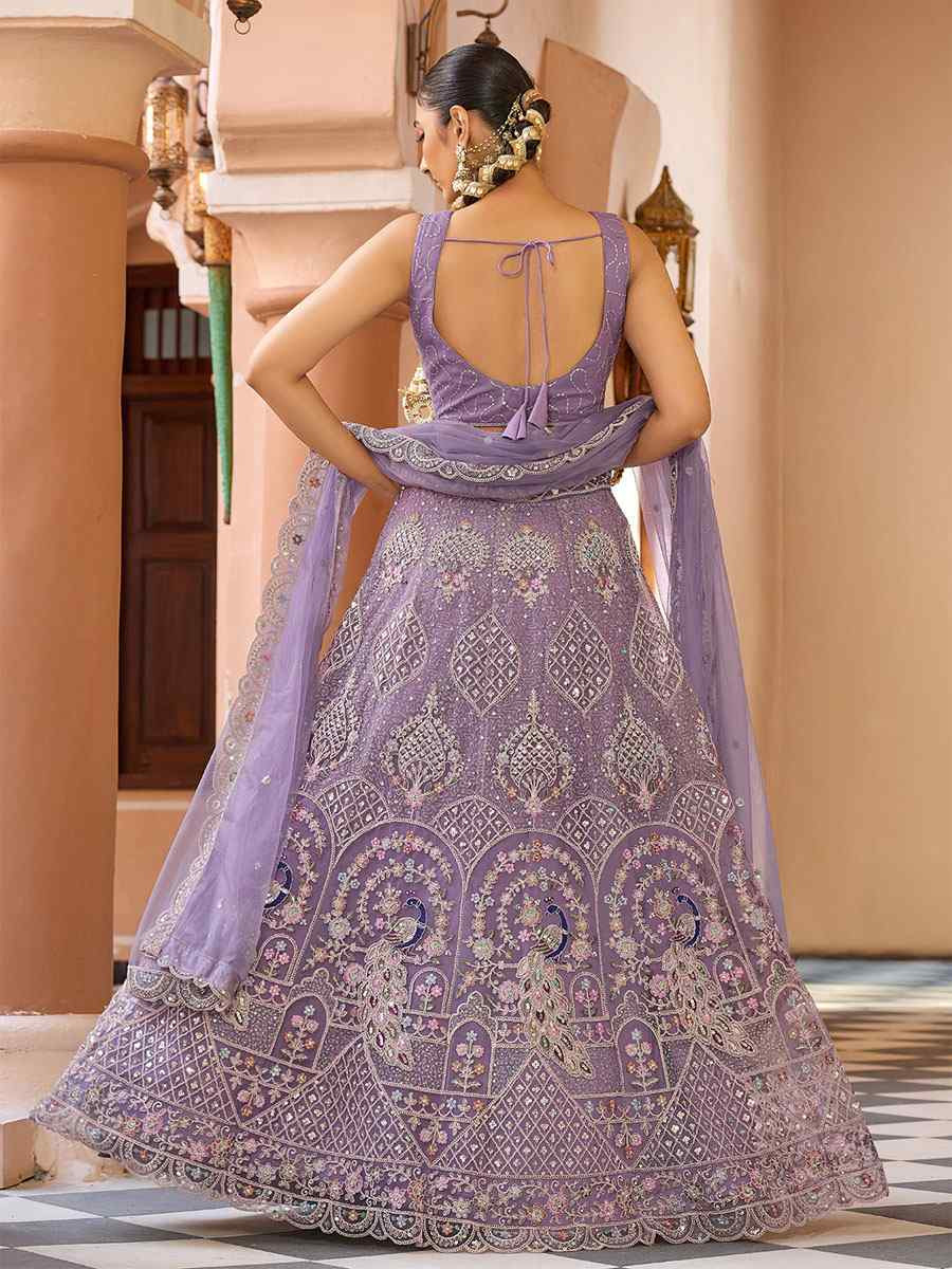 Mauve Net Embroidered Wedding Reception Festival Heavy Border Lehenga Choli