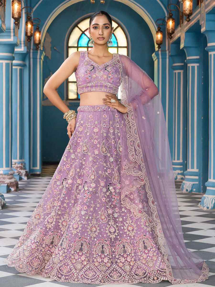 Image of Mauve Net Embroidered Wedding Reception Festival Heavy Border Lehenga Choli