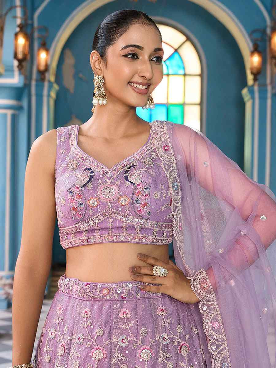 Mauve Net Embroidered Wedding Reception Festival Heavy Border Lehenga Choli