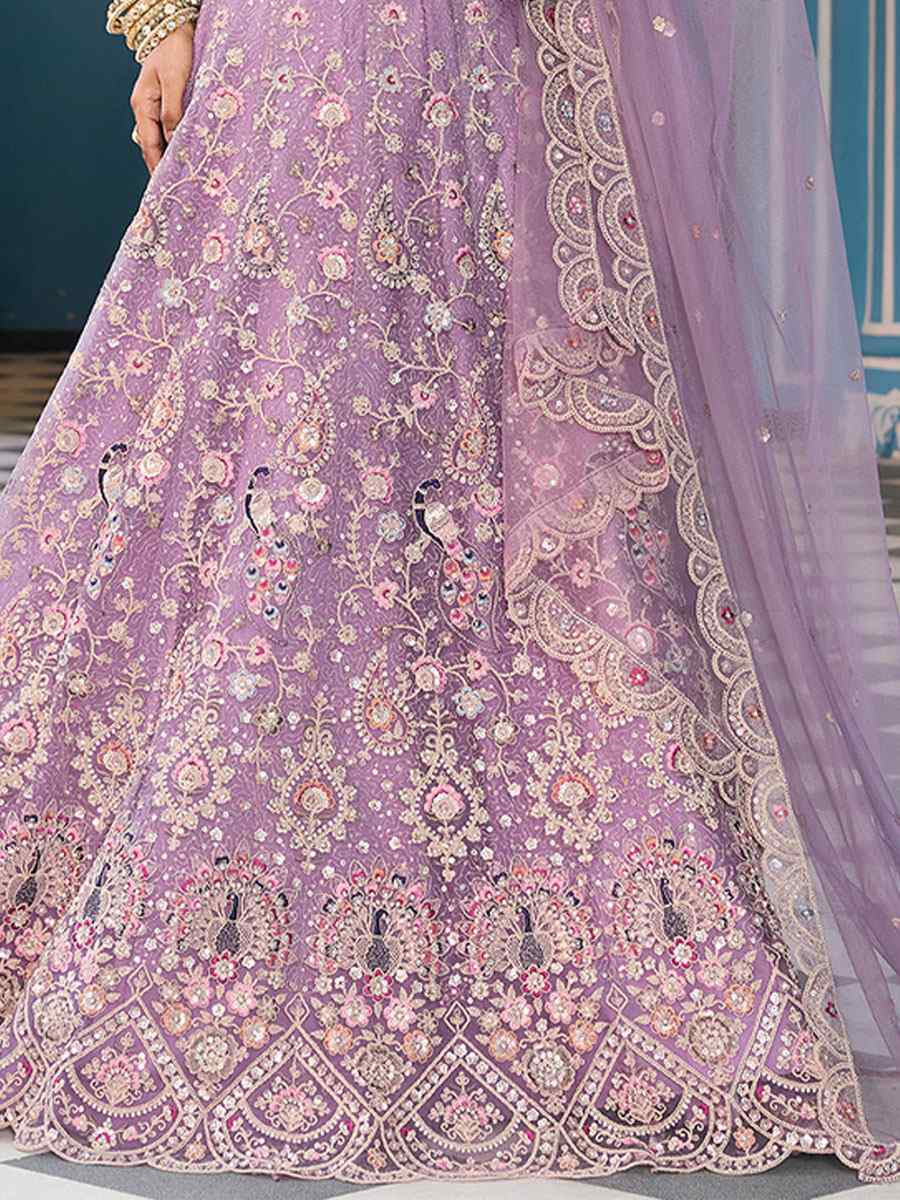 Mauve Net Embroidered Wedding Reception Festival Heavy Border Lehenga Choli