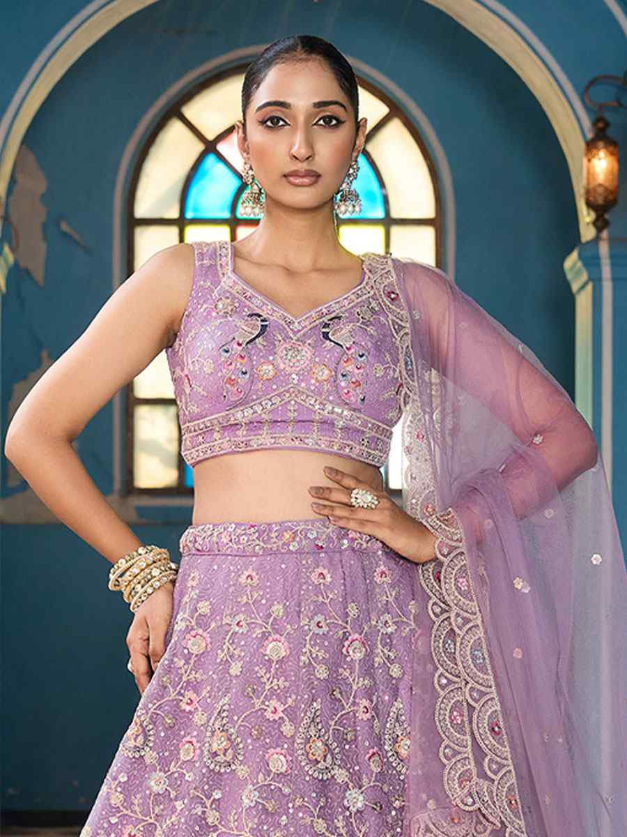 Mauve Net Embroidered Wedding Reception Festival Heavy Border Lehenga Choli