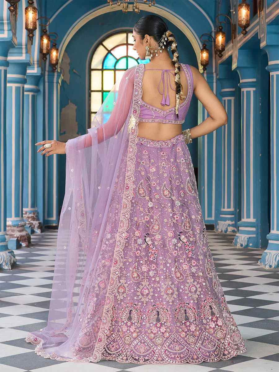 Mauve Net Embroidered Wedding Reception Festival Heavy Border Lehenga Choli