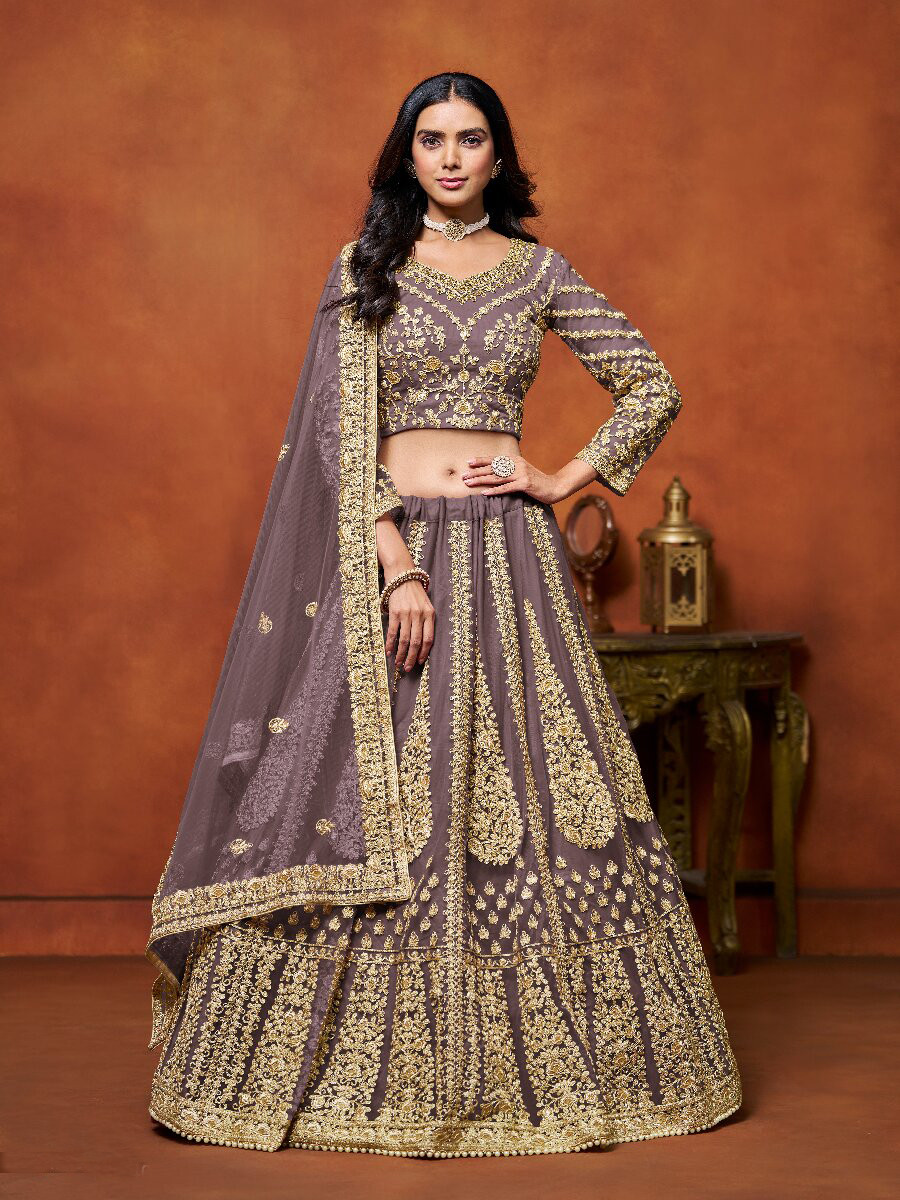 Mauve Net Embroidery Zari Stone Work Wedding Reception Party Festival Heavy Border Lehenga Choli