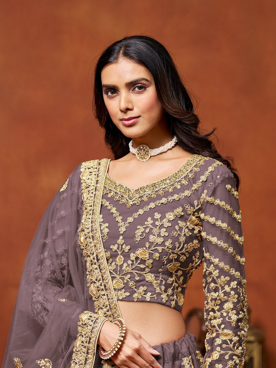 Mauve Net Embroidery Zari Stone Work Wedding Reception Party Festival Heavy Border Lehenga Choli