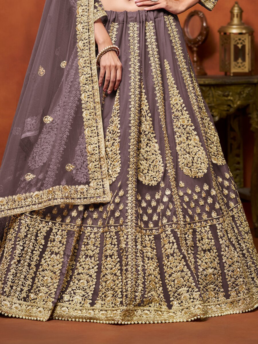 Mauve Net Embroidery Zari Stone Work Wedding Reception Party Festival Heavy Border Lehenga Choli