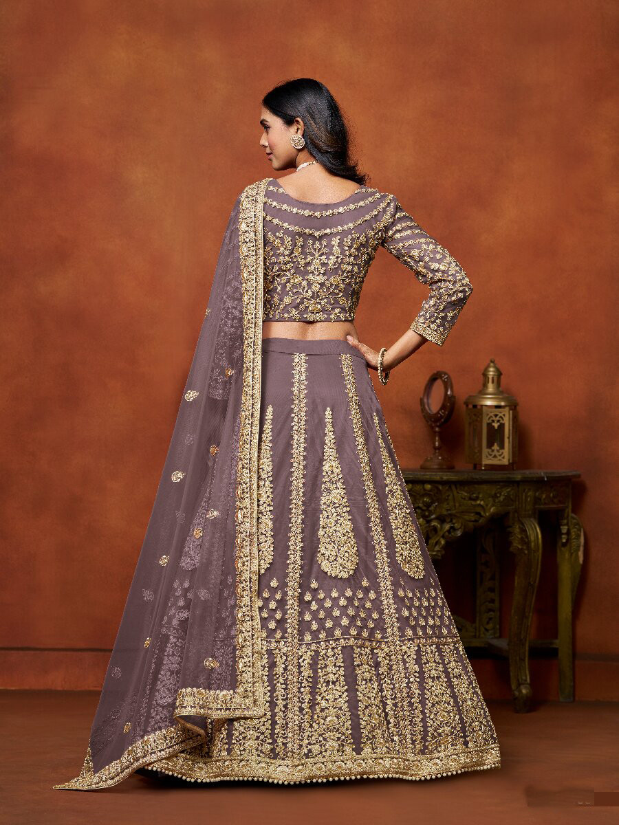 Mauve Net Embroidery Zari Stone Work Wedding Reception Party Festival Heavy Border Lehenga Choli
