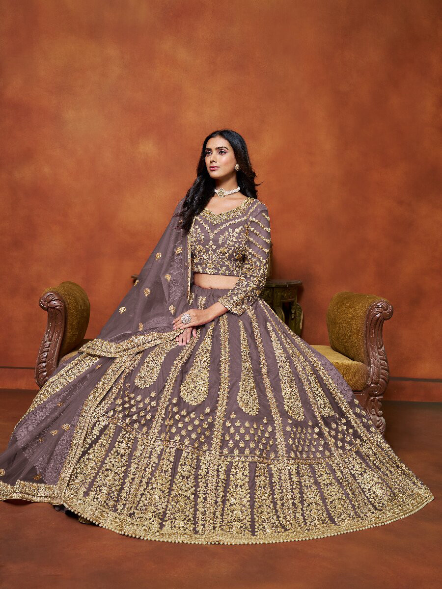 Mauve Net Embroidery Zari Stone Work Wedding Reception Party Festival Heavy Border Lehenga Choli