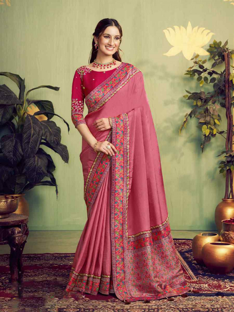 Image of Mauve Pink Rangkat Woven Upada Silk Embroidery Bridal Reception Party Festival Wedding Fancy Heavy Border Sarees