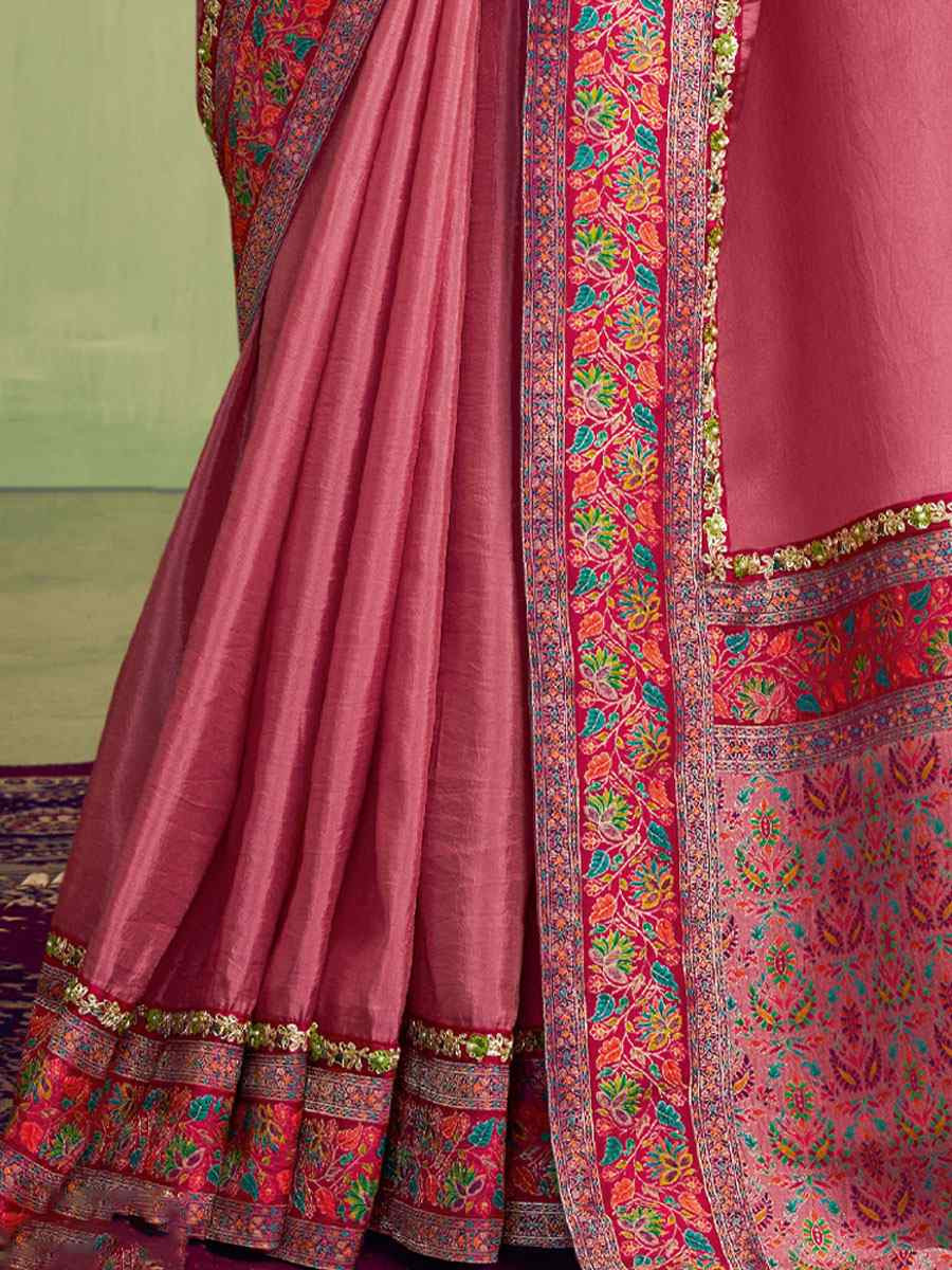 Mauve Pink Rangkat Woven Upada Silk Embroidery Bridal Reception Party Festival Wedding Fancy Heavy Border Sarees