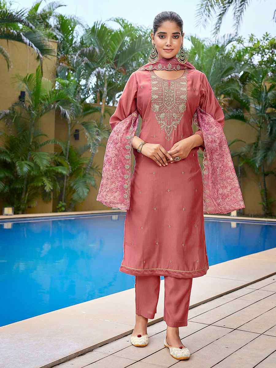 Mauve Pink Viscose Chanderi Embroidery Party Wedding Festival Casual Ready Pant Salwar Kameez