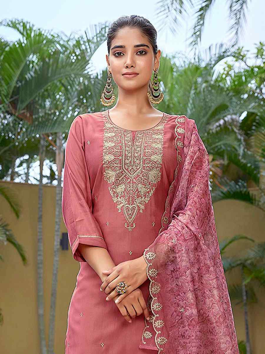 Mauve Pink Viscose Chanderi Embroidery Party Wedding Festival Casual Ready Pant Salwar Kameez