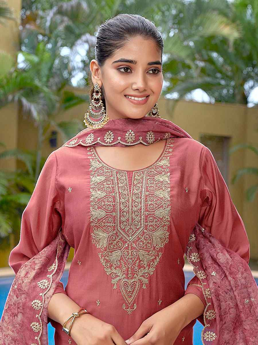 Mauve Pink Viscose Chanderi Embroidery Party Wedding Festival Casual Ready Pant Salwar Kameez