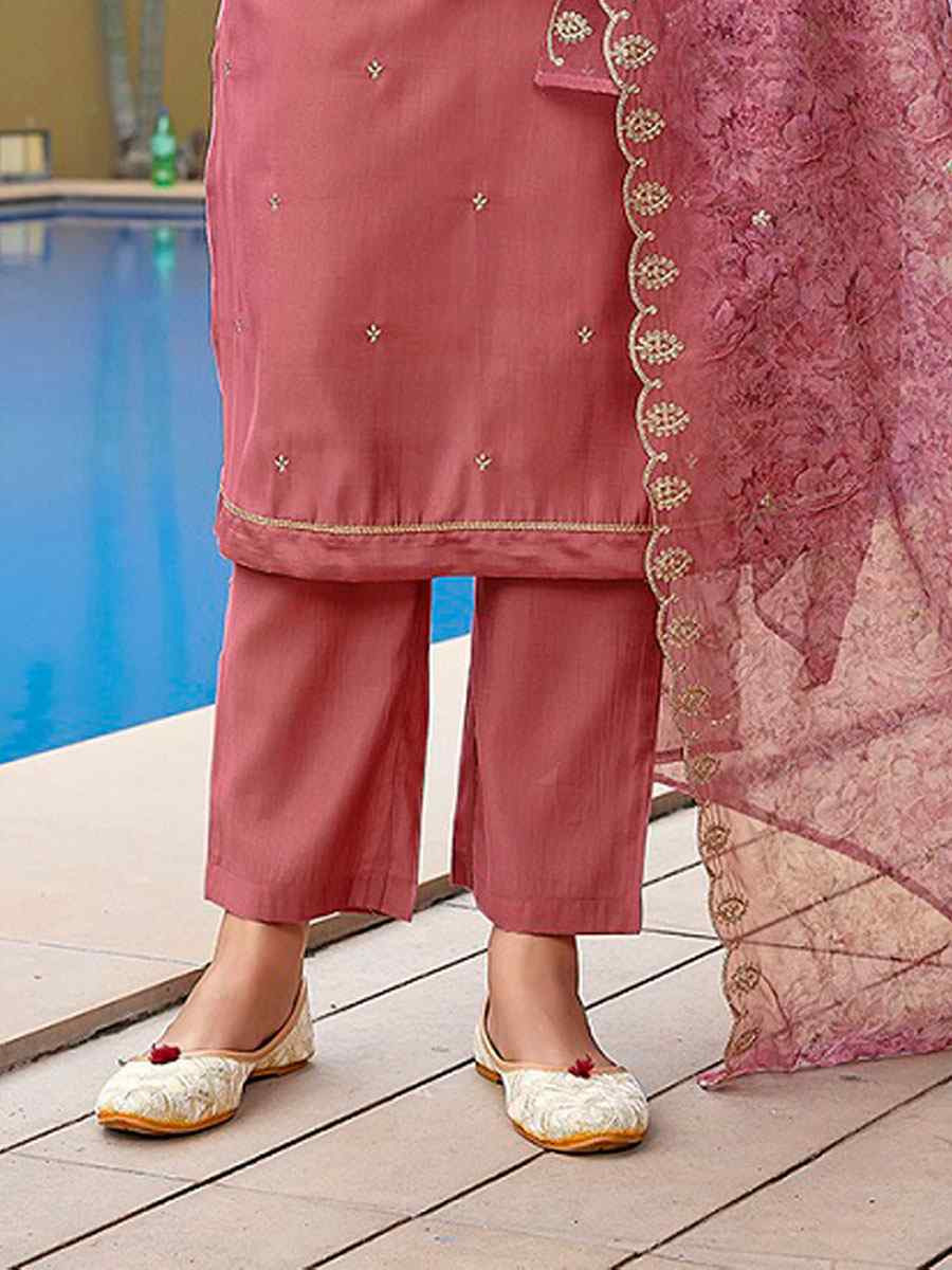 Mauve Pink Viscose Chanderi Embroidery Party Wedding Festival Casual Ready Pant Salwar Kameez