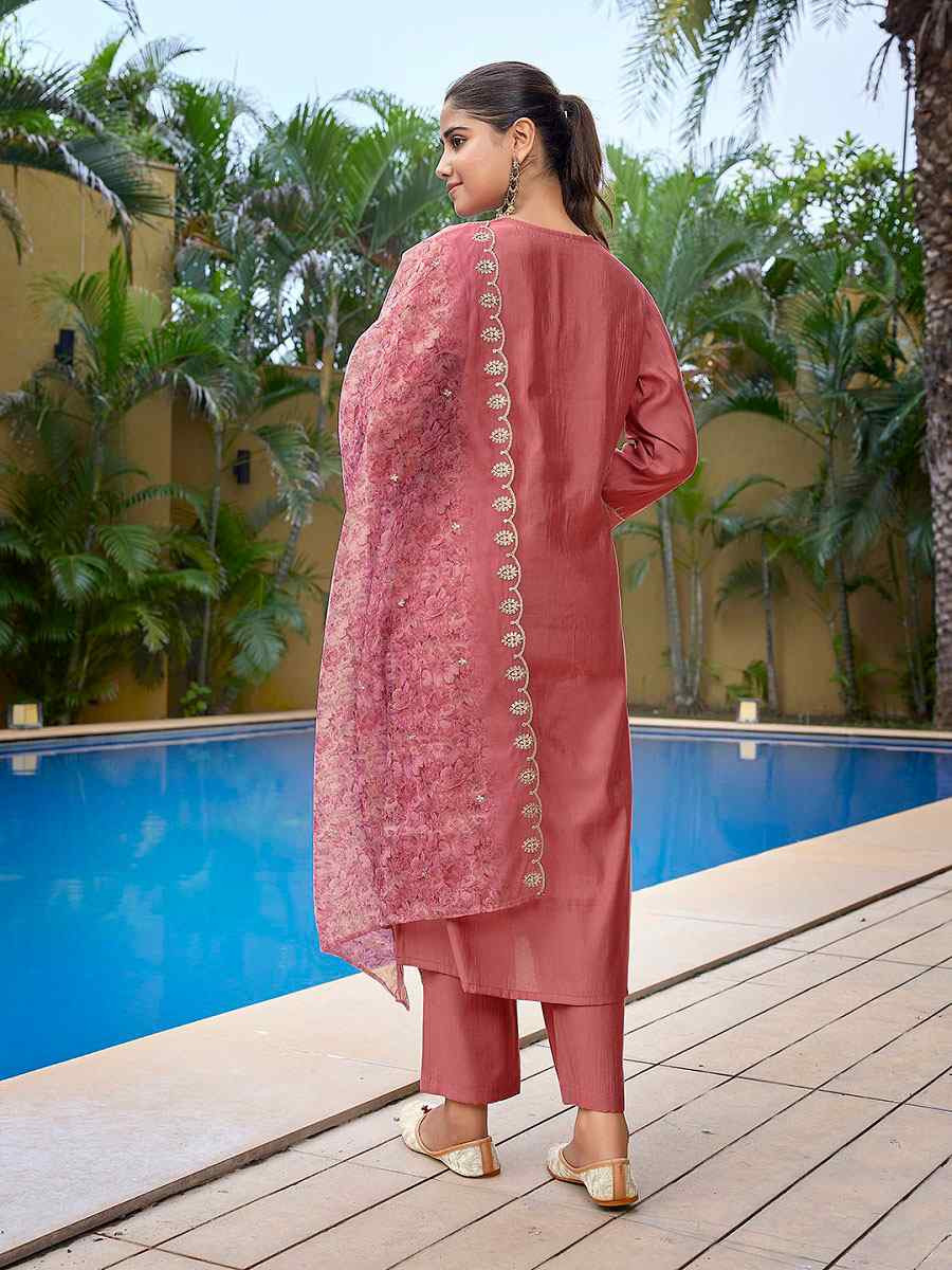 Mauve Pink Viscose Chanderi Embroidery Party Wedding Festival Casual Ready Pant Salwar Kameez