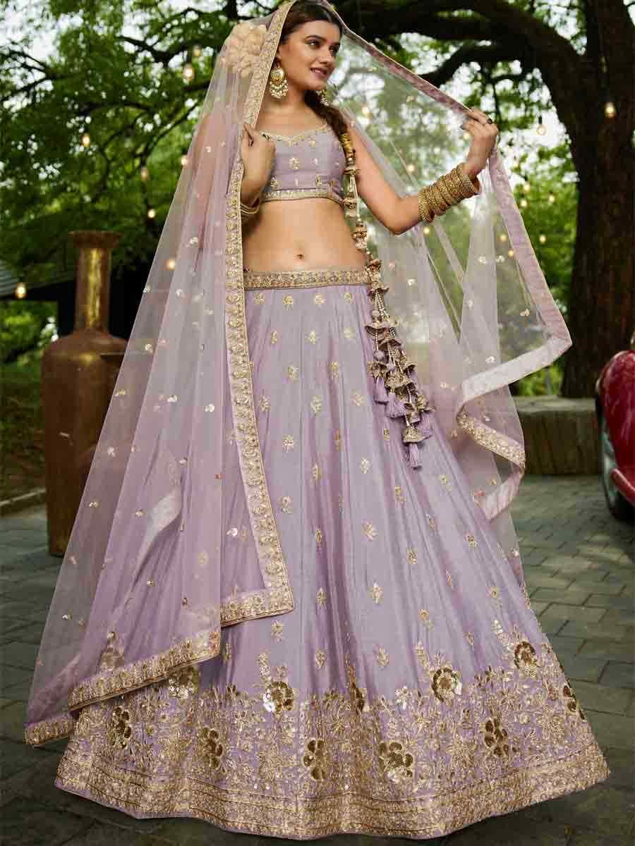 Mauve Poly Chiffon Embroidered Reception Wedding Heavy Border Lehenga Choli