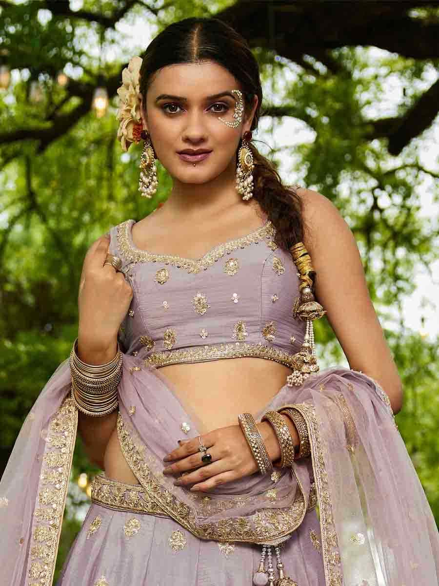 Mauve Poly Chiffon Embroidered Reception Wedding Heavy Border Lehenga Choli